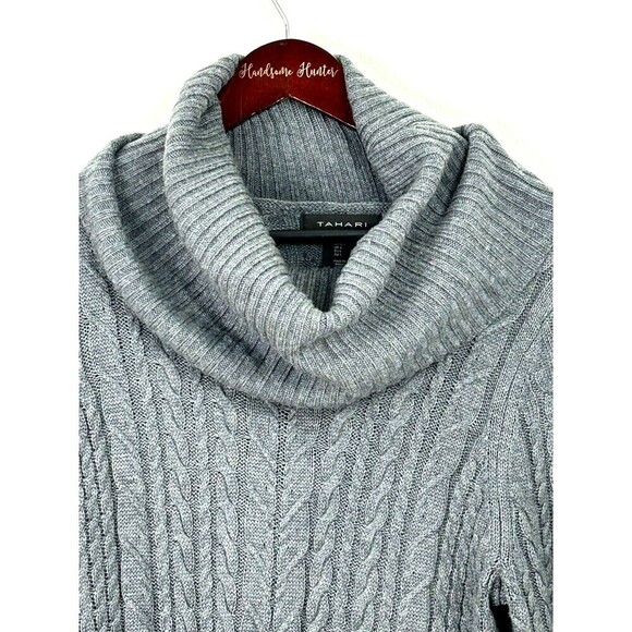Tahari Women Size L Sweater Dress Storm Gray Cable Knit Cowl Neck Midi Sheath T3 - Picture 6 of 12